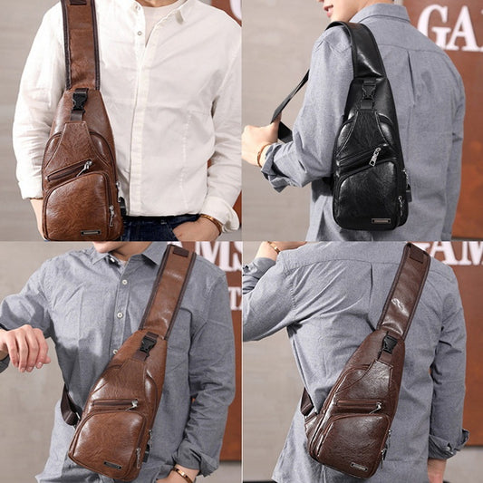 Men's USB Charging Chest Bag - PU Leather Crossbody Travel Shoulder Bag