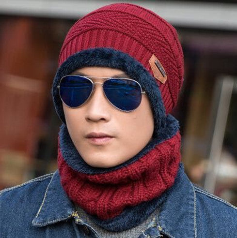 Men's Winter Knitted Wool Hat with Neck Warmer Set