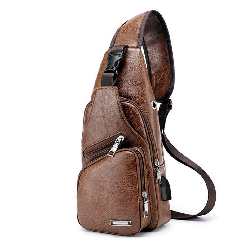 Men's USB Charging Chest Bag - PU Leather Crossbody Travel Shoulder Bag