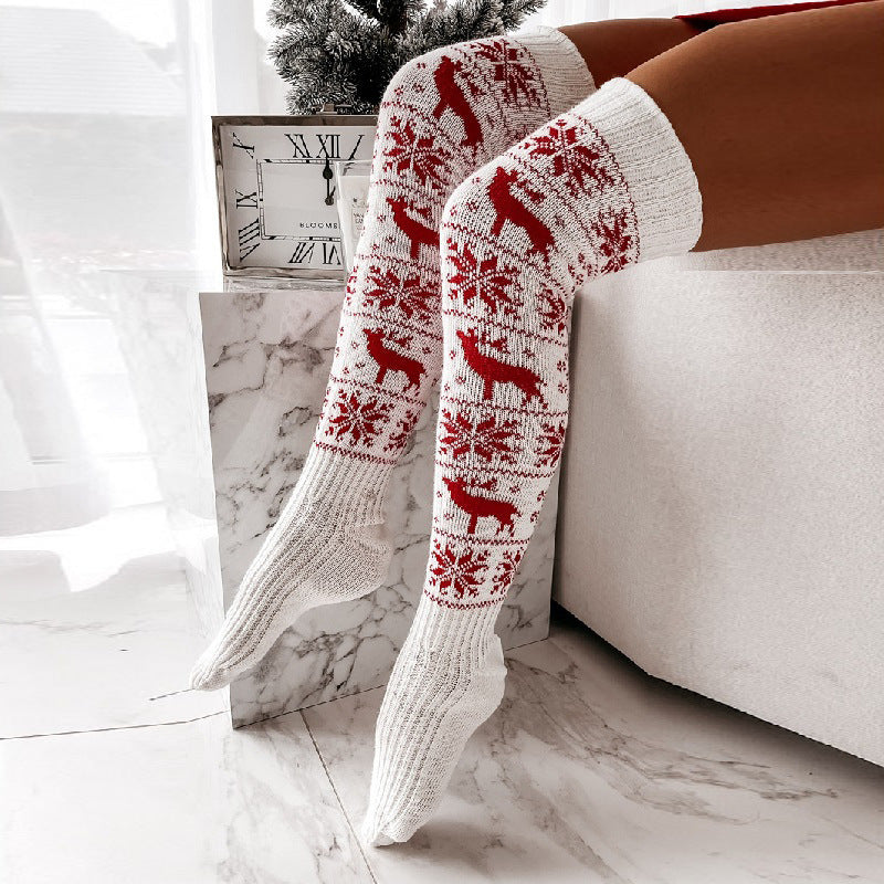 Winter Christmas Warm Knitted Women Stocking Beautiful Elk Snowflake Jacquard Over-the-knee Casual Long Socks For Ladies Gifts Free Size - Exoteez Designs