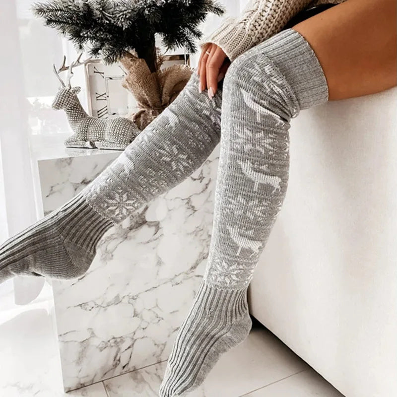 Winter Christmas Warm Knitted Women Stocking Beautiful Elk Snowflake Jacquard Over-the-knee Casual Long Socks For Ladies Gifts Free Size - Exoteez Designs