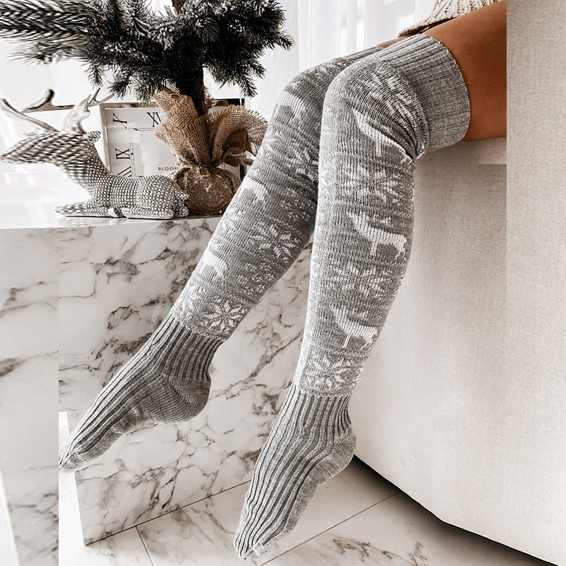 Winter Christmas Warm Knitted Women Stocking Beautiful Elk Snowflake Jacquard Over-the-knee Casual Long Socks For Ladies Gifts Free Size - Exoteez Designs