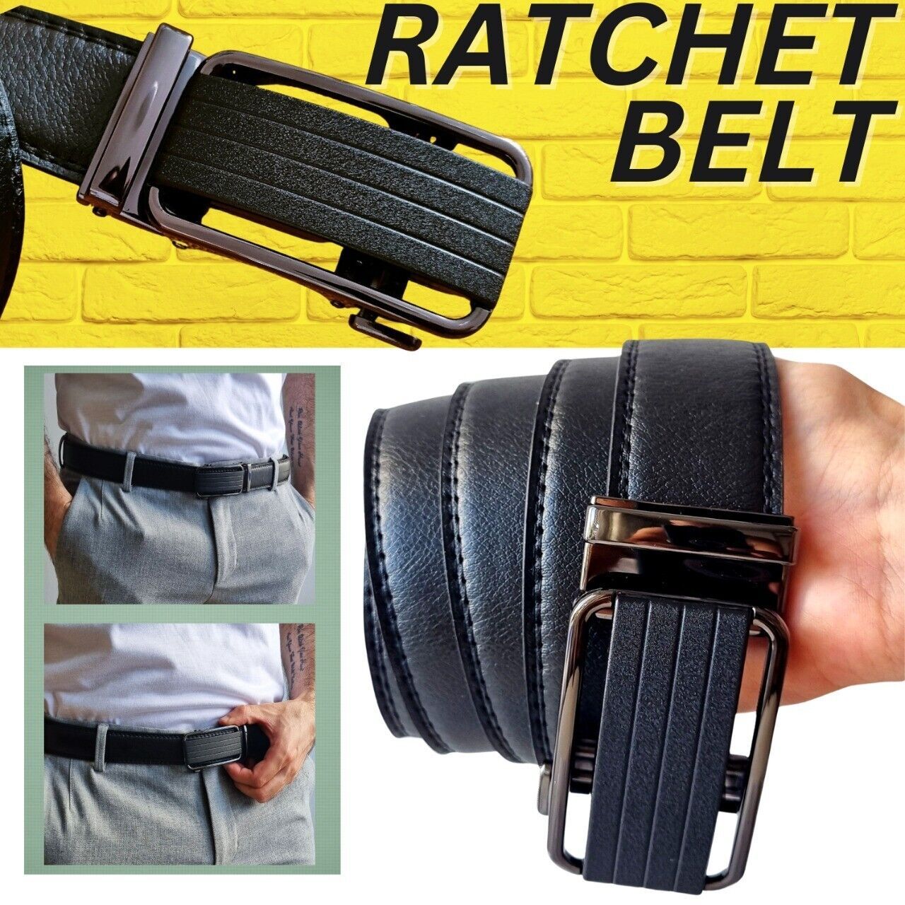 Premium Men's Ratchet Belt with Automatic Slide Buckle – Adjustable PU Leather