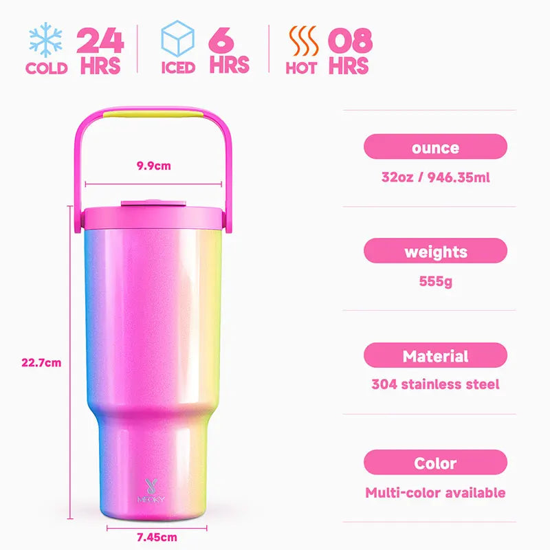 Meoky 32oz Tumbler with Carry Handle Multiple Prints Stainless Steel Insulated Vacuum Coffee Mug Thermal Milk Tea Travel Car Mug - Exoteez Designs