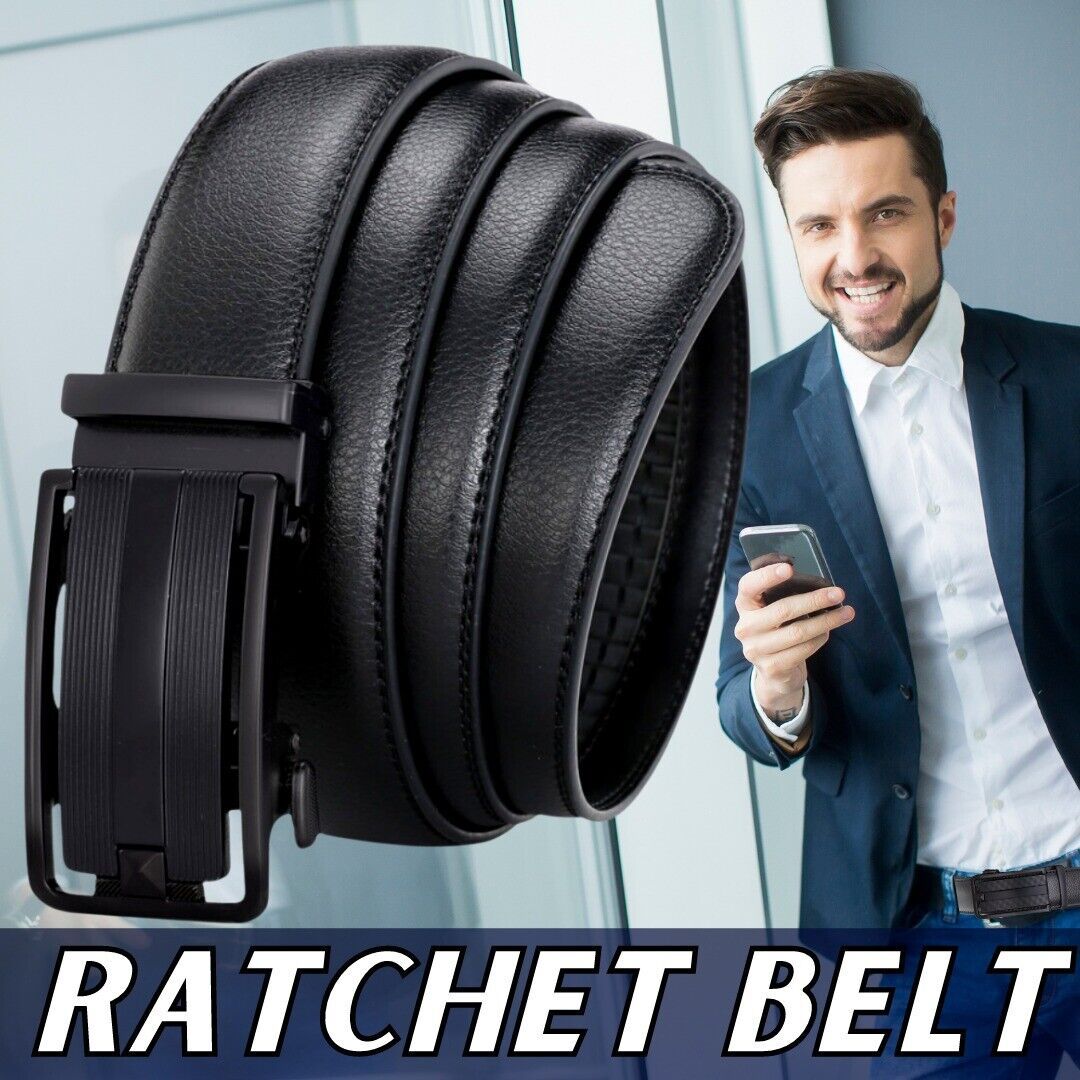 Men's Premium Ratchet Belt with Slide Buckle – Adjustable PU Leather Belt for Formal and Casual Wear