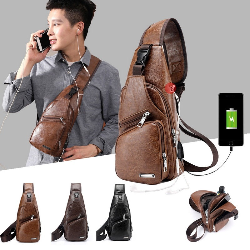 Men's USB Charging Chest Bag - PU Leather Crossbody Travel Shoulder Bag