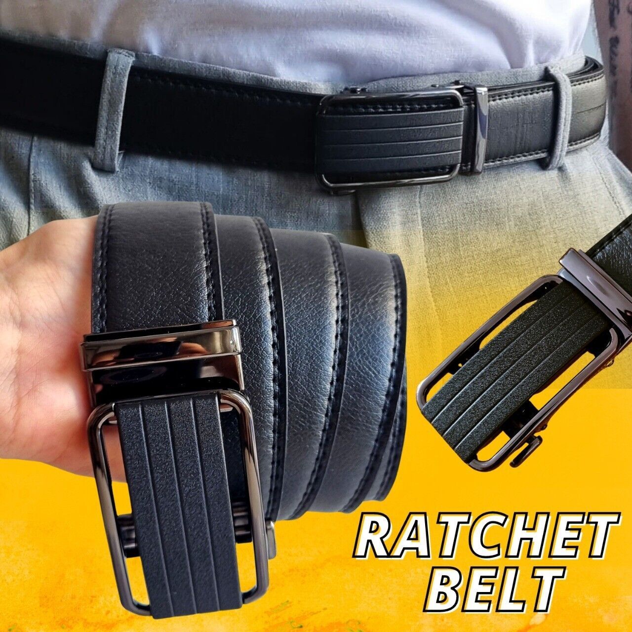 Premium Men's Ratchet Belt with Automatic Slide Buckle – Adjustable PU Leather