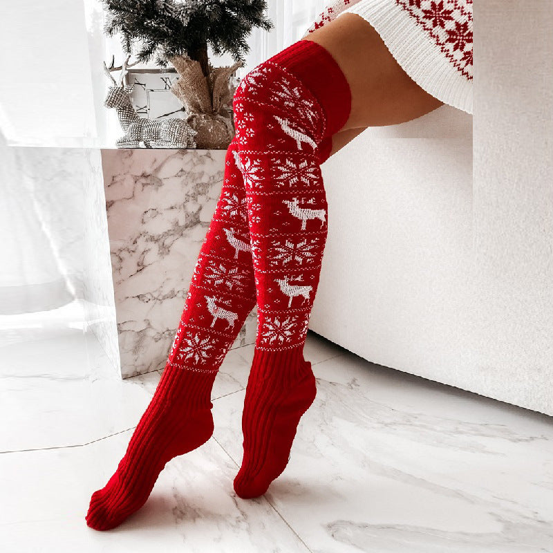 Winter Christmas Warm Knitted Women Stocking Beautiful Elk Snowflake Jacquard Over-the-knee Casual Long Socks For Ladies Gifts Free Size - Exoteez Designs